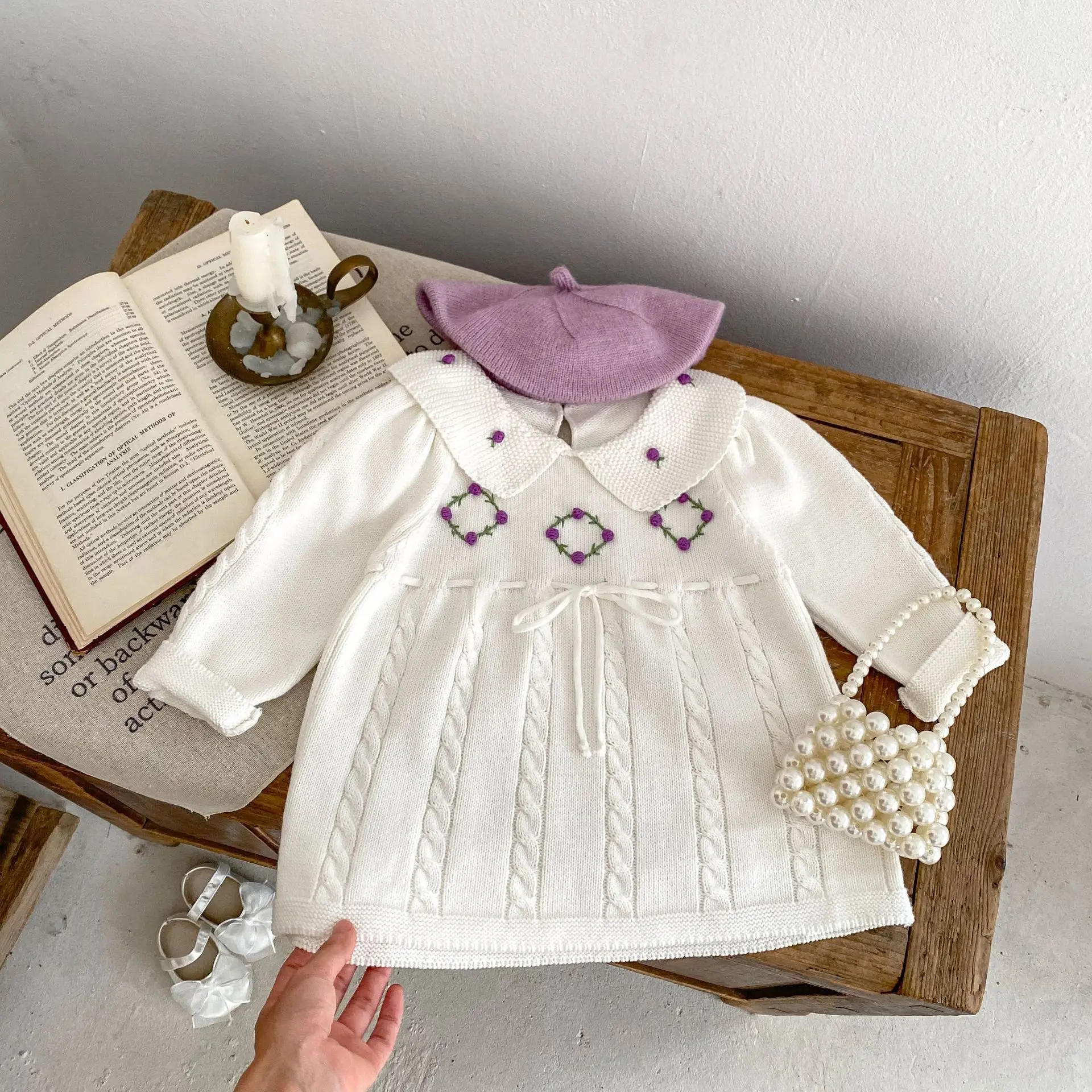 Baby Clothing Girls Dress Spring 2024 New Fashionable Hand Hook Knitting Solid Color Loose Princess Casual Sweet Dress