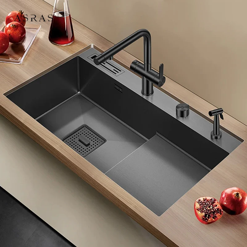 

ASRAS SUS 304 Stainless Steel Nanometer Stepped kitchen Sink 4mm Thickness 220mm Depth Large Size Handmade Kitchen Sinks
