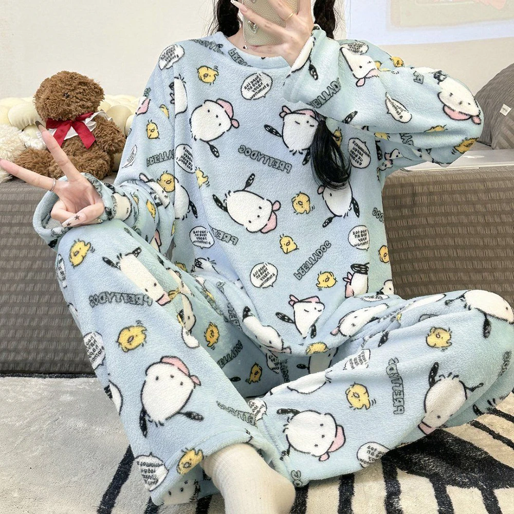 Sanrio Pompom Purin Winter Pajamas Y2K Kawaii Cartoon Women's Warm Sleepwear Pant Long Sleeve Nightwear Flannel Home Clothes New view 3