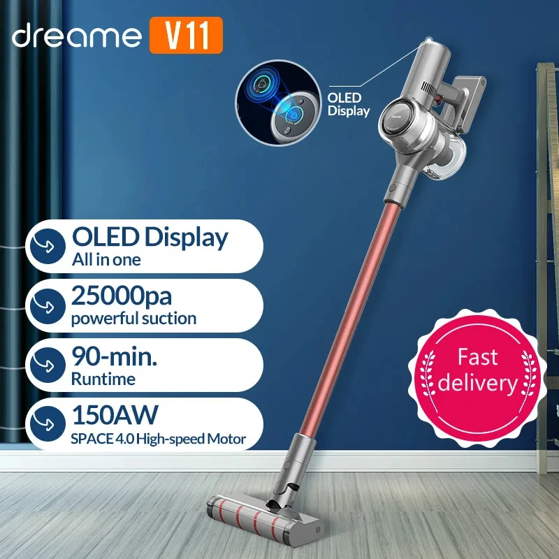 Dreame-V11 Handheld aspirador sem fio, display OLED, portátil, sem fio, tudo em um coletor de poeira, tapete do assoalho, 25kPa