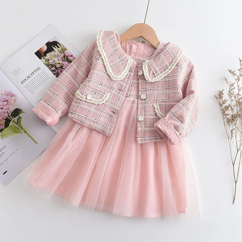 Two piece children\'s single breasted small fragrant vest jacket+fashionable gauze skirt vest dress girls autumn set clothing