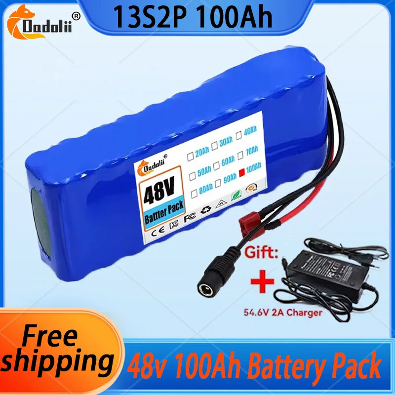 E-bike 48v Battery Pack 13S2P 1000w 100Ah 18650 Lithium Ion Battery Bike Motorcycle Conversion Kit Electric Scooter BMS +Charger