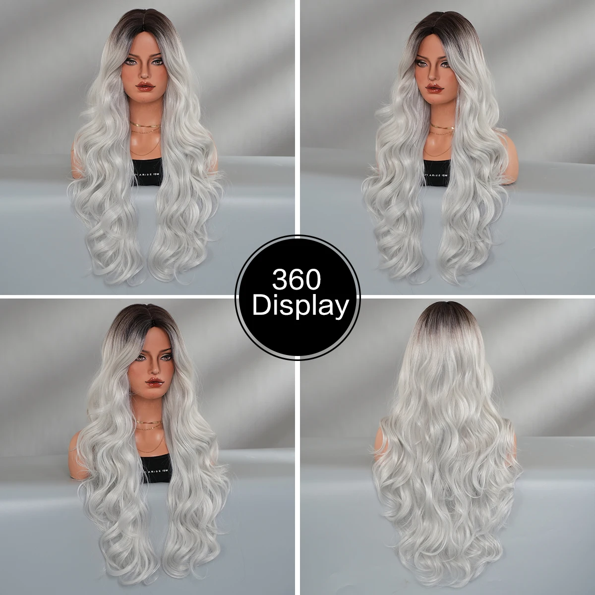 شعر مستعار طويل مموج باللون الفضي مع جذور داكنة، شعر مستعار صناعي عالي الكثافة من الجزء الأوسط مموج باللون الرمادي للنساء للاستخدام اليومي 29.52 بوصة #5