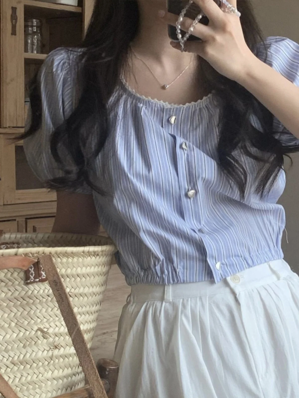 Retro Striped Fre Sle Women's irt Summer Loose Square Collar Patchwork ort Single Button Doll irt Korean Sle Commute