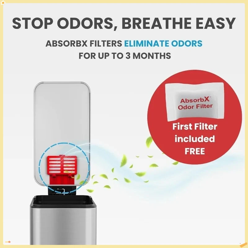 سلة مهملات رفيعة من الفولاذ المقاوم للصدأ سعة 11.4 لتر مع فلتر للرائحة، سلة مهملات حديثة للحمام والمكتب والمطبخ