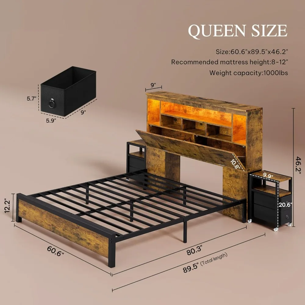 Queen Size Bed Frame with Storage, Bookcase Headboard, RGB LED Lights, Slide Out Side Storage, and Charging Station