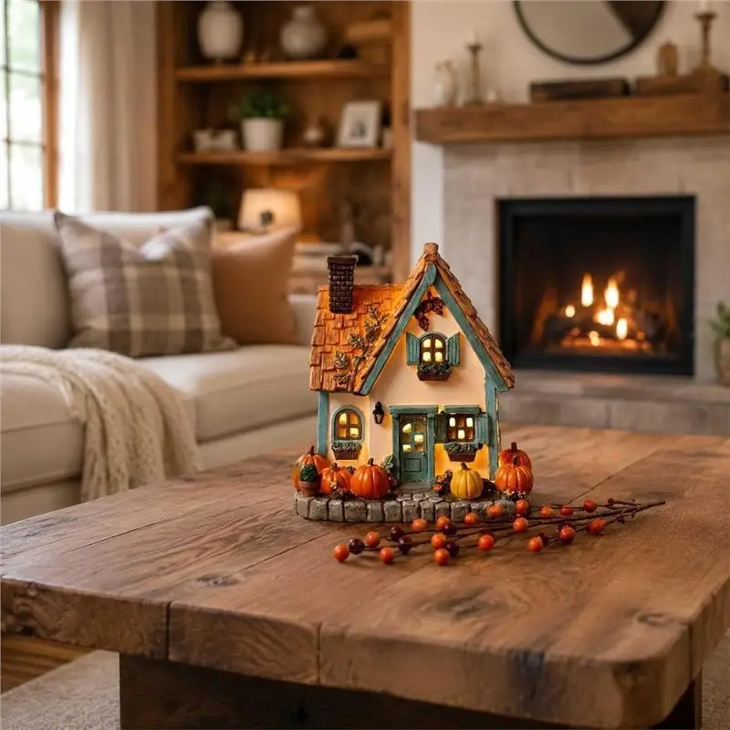 ABVG-Room Accent For Bookshelf Table Nightstand, Pumpkin House Light,Resin Cottage Figurine With LED Pane Glow And Fall A
