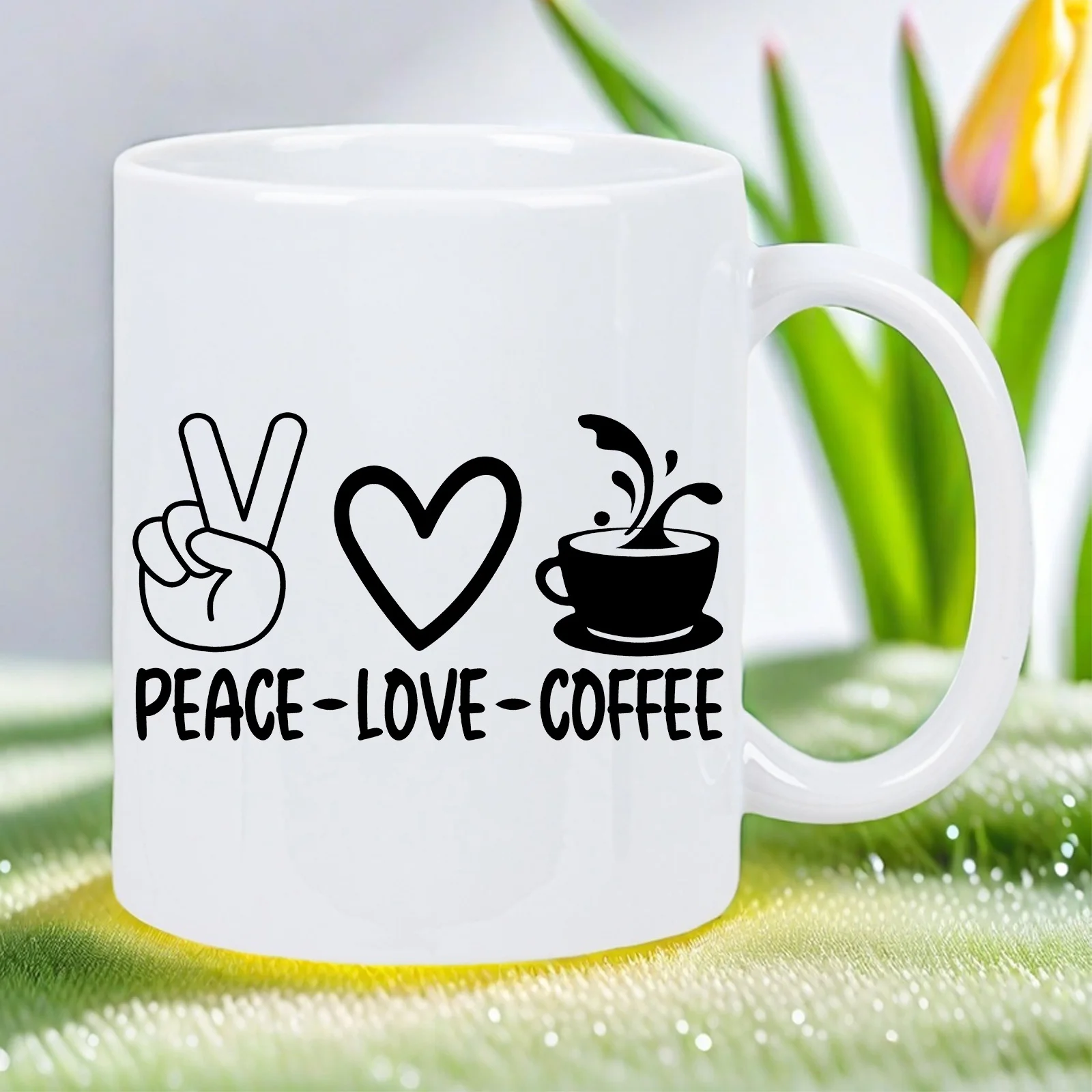 Peace, Love & Coffee Mug - Ceramic Printed Novelty Cup with Hand Gesture, Heart & Coffee Design - Dishwasher Safe Coffee Cup for