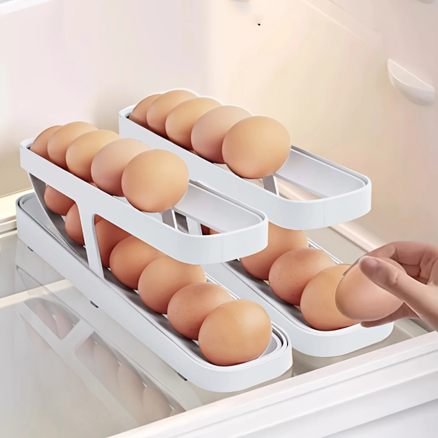 Rolling Egg Holder Tray Rack – Non-Food Contact Plastic Egg Organizer for Refrigerator – Space-Saving  Egg  Bin – Automati