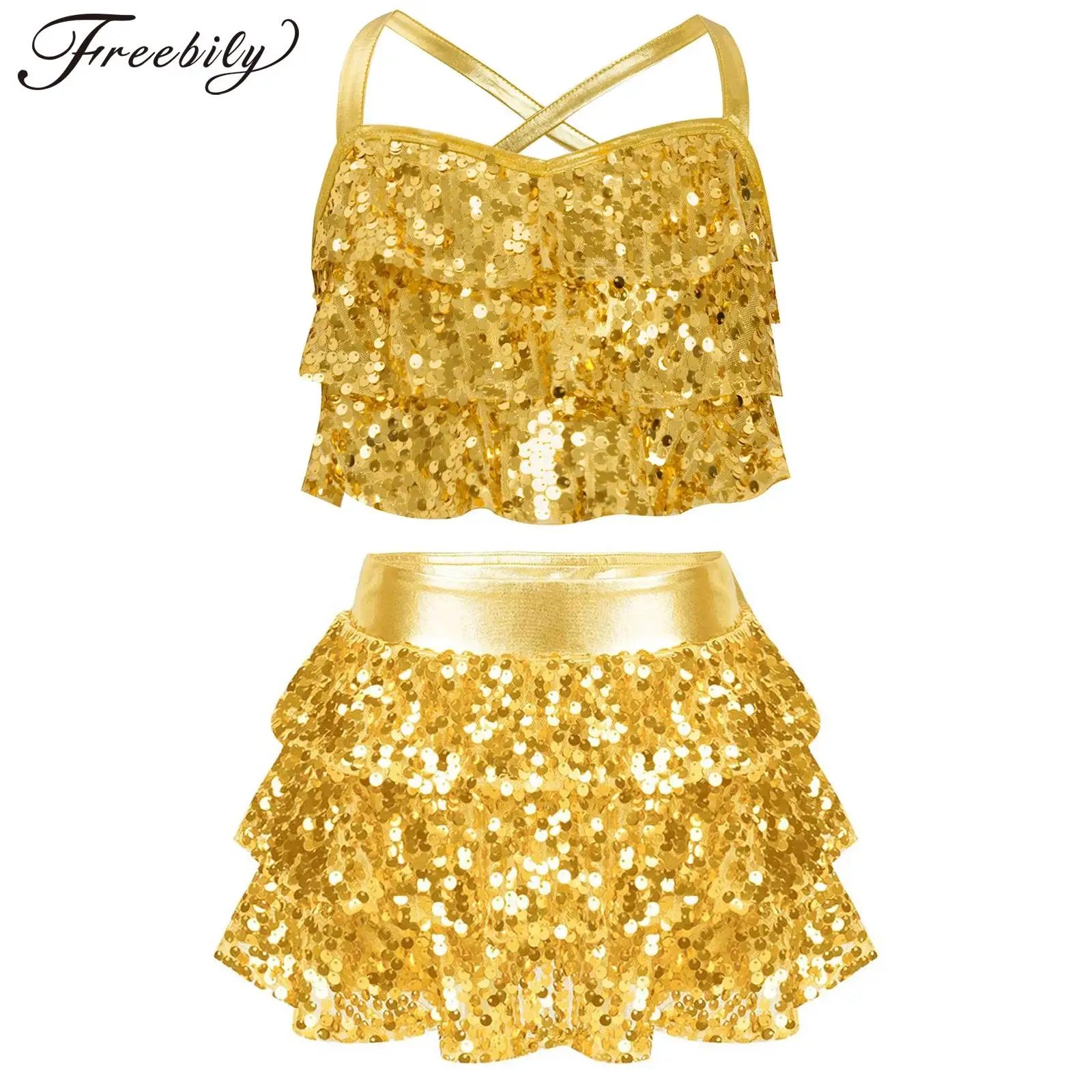 أطفال بنات لامعة الترتر الجاز الهيب هوب ملابس الرقص بلا أكمام المحاصيل القمم مع مطوي التنانير مجموعة تي شيرتات قصيرة للأطفال ديسكو حفلة Dancewear #1