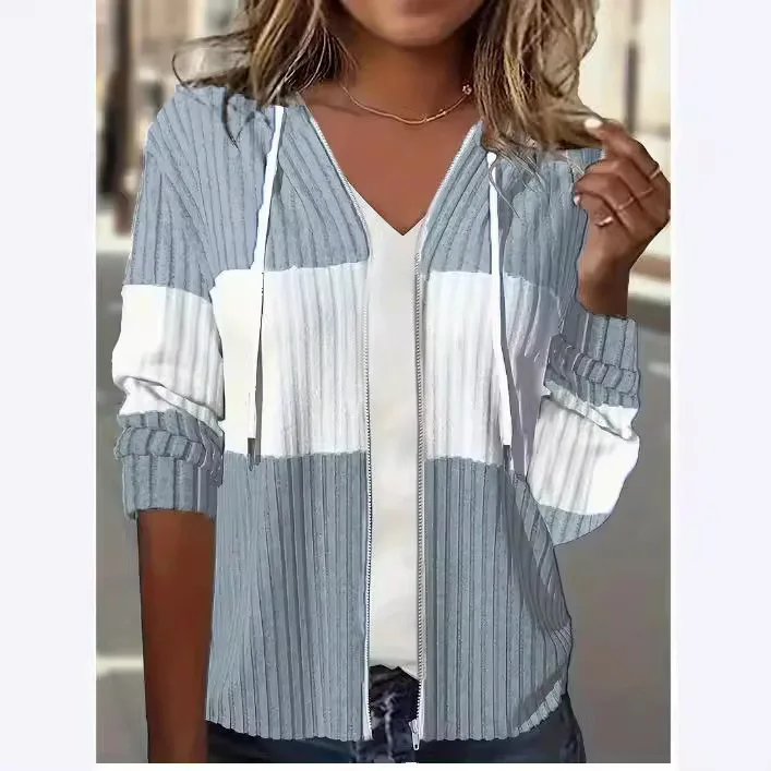 

Fashion Pit Stripe Color Hooded Casual Warm Zipper Women's Coat Plus Size Women's Hooded Fashion Knit Ribbed Cardigan Sweatshirt