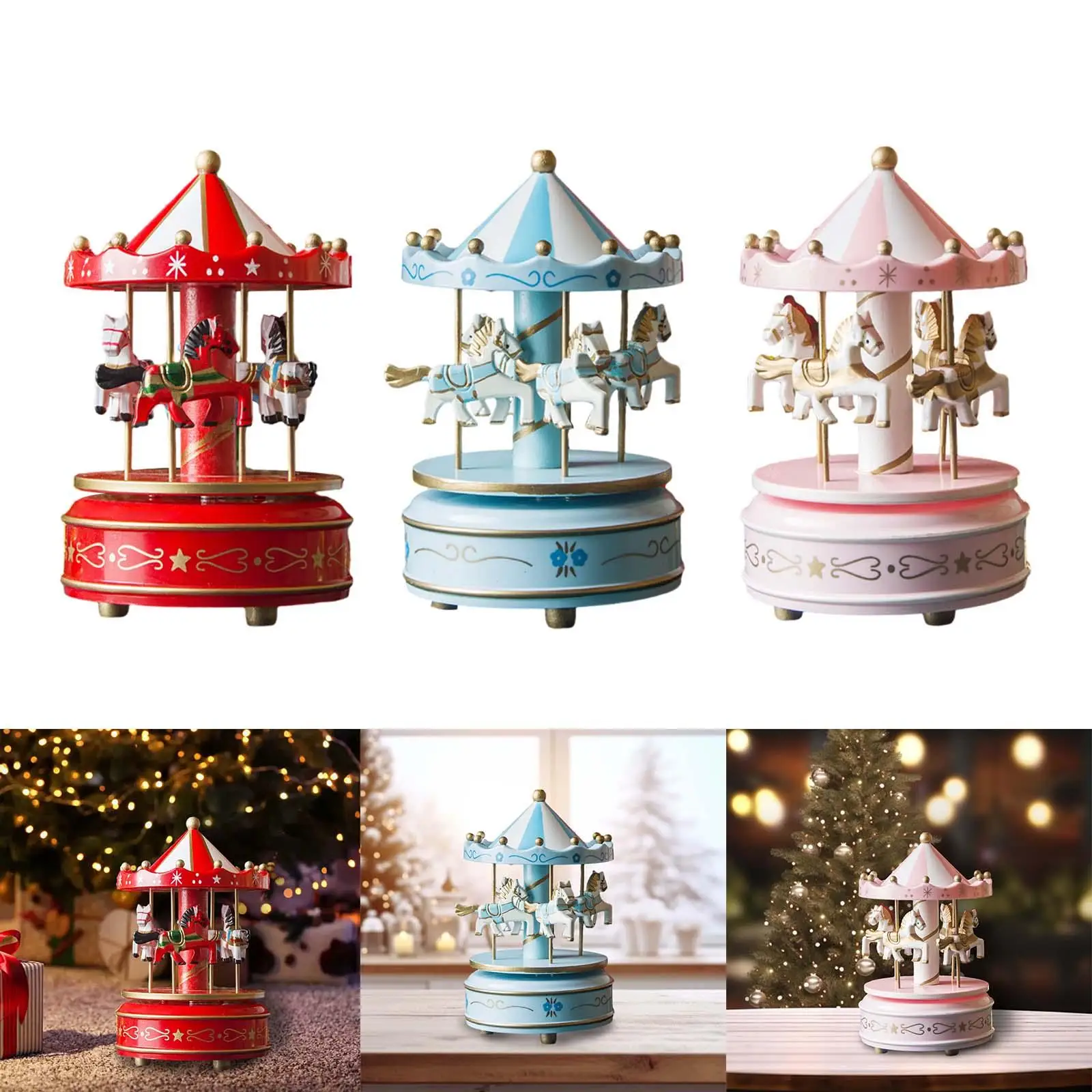 Christmas Wooden Carousel Music Box Xmas Showpiece for New Year Gifts Sturdy