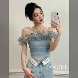 Tanks Camis Sexy Slim Blusas Mujer Blue Strapless Shirt Chemise Femme Tops Tees Slash Feather Blouses Korean Shirts for Women