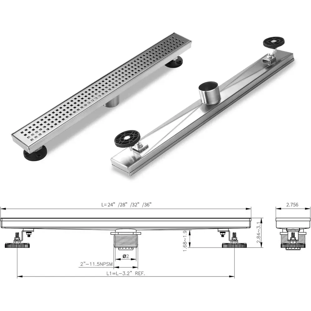 28 Rectangular Brushed Nickel Linear Shower Drain, 51L/min Drainage, CUPC Certified, SUS-304 Stainless Steel