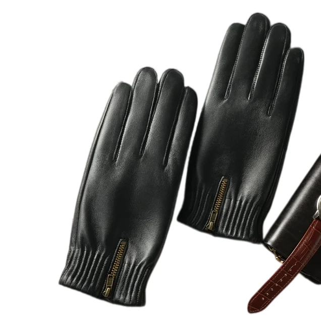 Winter Thicken Warm Retro Gloves Black Natural Sheepskin Leather Gloves Men Genuine Leather Zipper Touchscreen Driving Glove - view 4