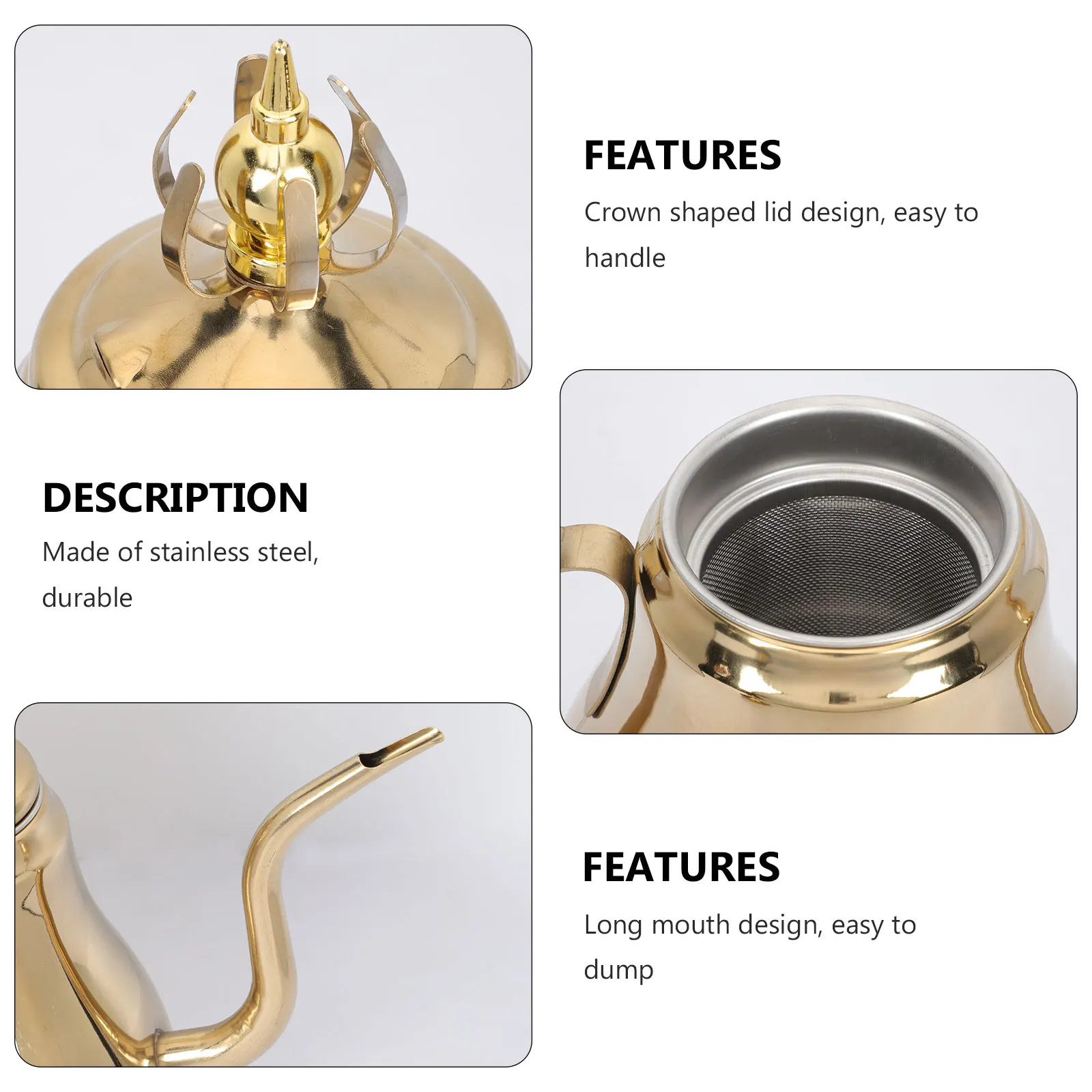 

Stainless Steel Teapot Coffee Pot With Filter Ergonomic Handle Anti-Scald Nonslip Rustproof Kitchen Office Cafe Use Hand