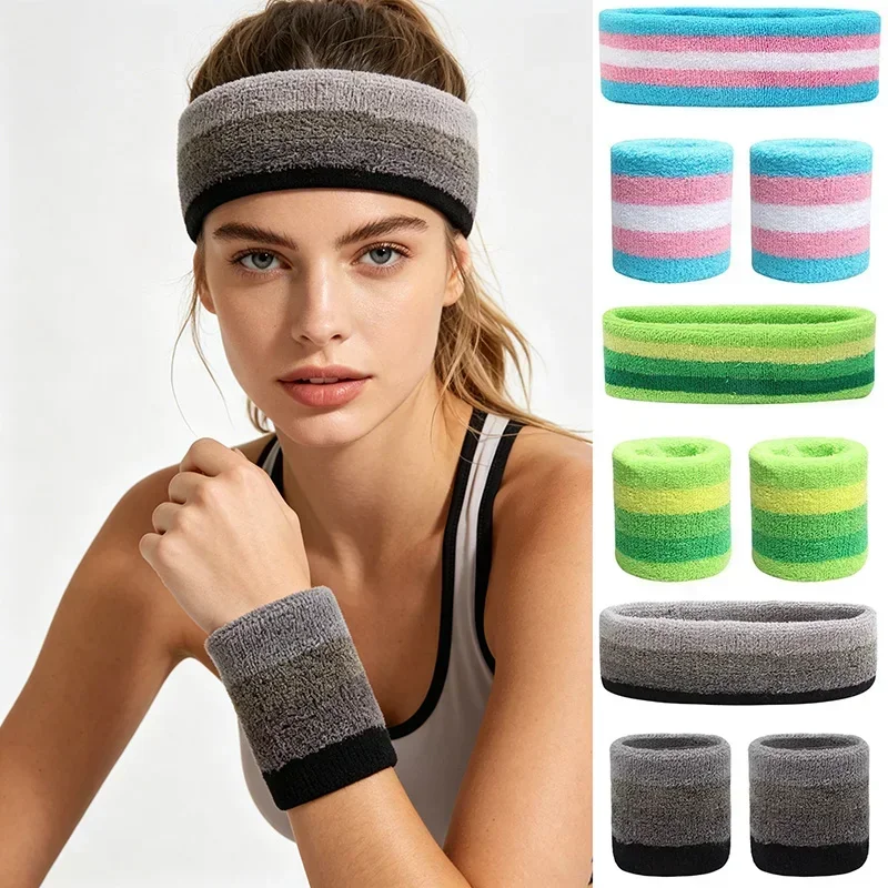 Women Men Fashion Sports Wristband Set Cotton Headband Sweatband for Cycling Gym Basketball Tennis FHD01