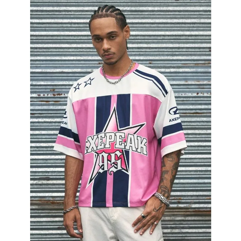 

2025 New Los Angeles Pink Stripe Print V-Neck T-Shirt Short Sleeve Oversized Baseball Jersey Summer Sport Tee