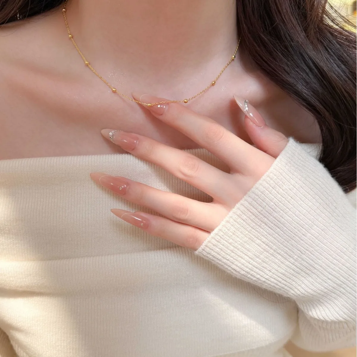 Luxurious 24K 9999 pure gold women's personalized and versatile sparkling bead necklace