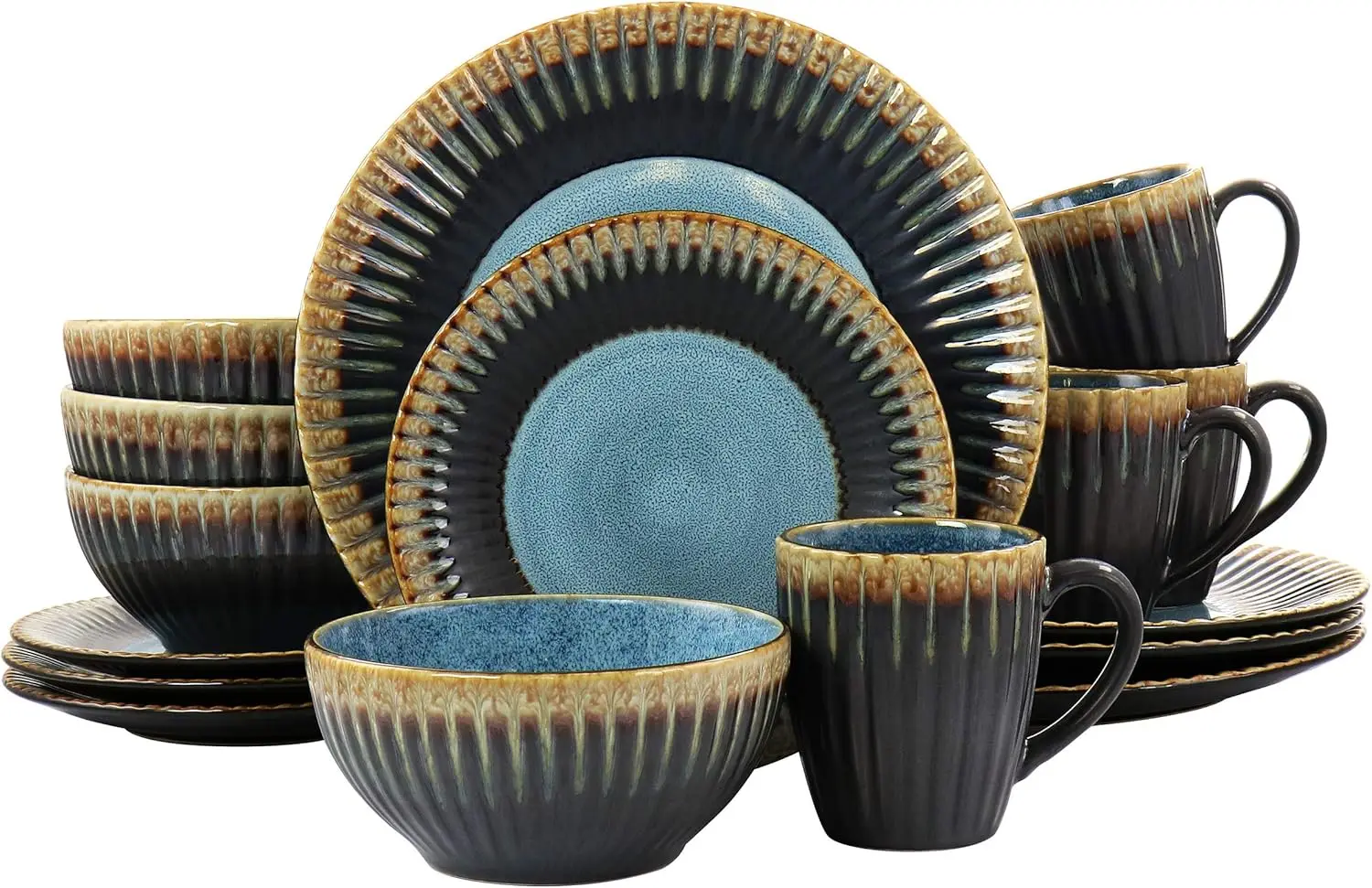 Round Stoneware Tavilla Collection Dinnerware Set for 4, 16 Piece, Multi Color