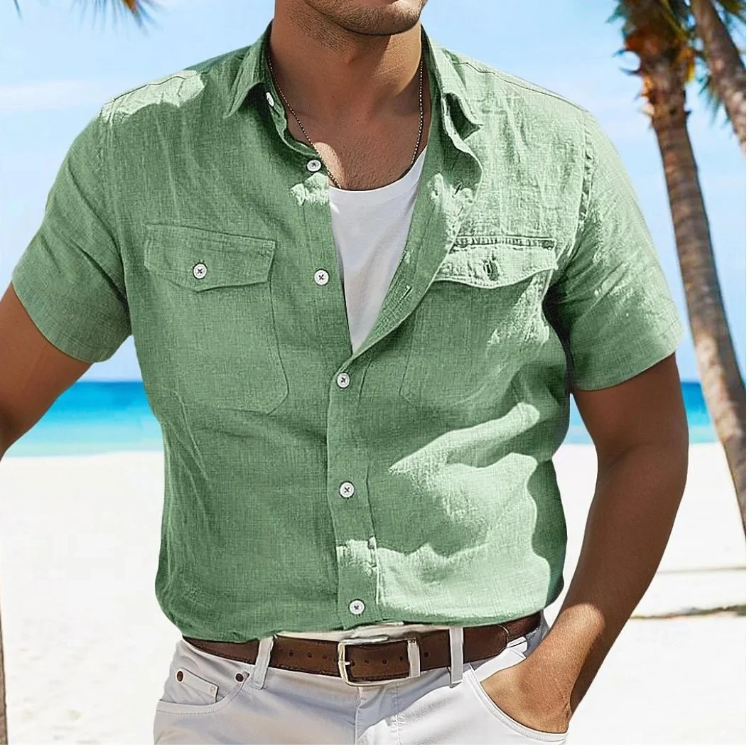 

、Men Pocket Blouse Tops Summer Male Turn Down Collar Button Short Sleeve Slim Solid Color Blouse Shirts