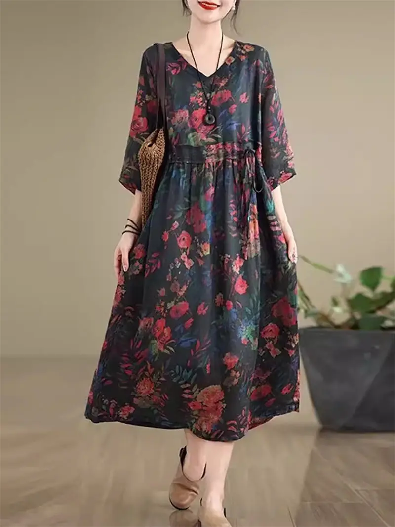 Floral High Waist Lace Up Dress For Women Summer Cotton And Linen Retro Elegant Simple Temperament V-Neck Mid Length Dress K1958