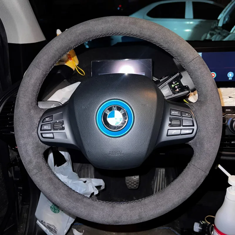 Hand Stitched Black Suede Leather Car Steering Wheel Cover for Bmw i3 2013-2021 Braid Full Coverage Interior