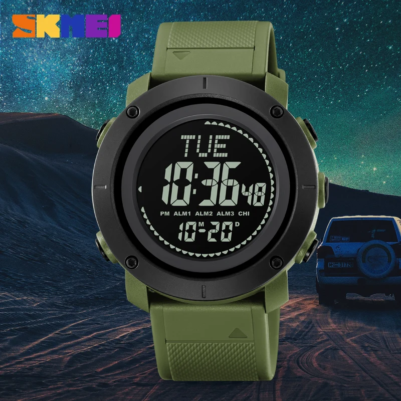 SKMEI Genuine Digital Watch Army Green Camouflage World Time Compass Chimes all'ora un orologio per viaggi e avventure 2095