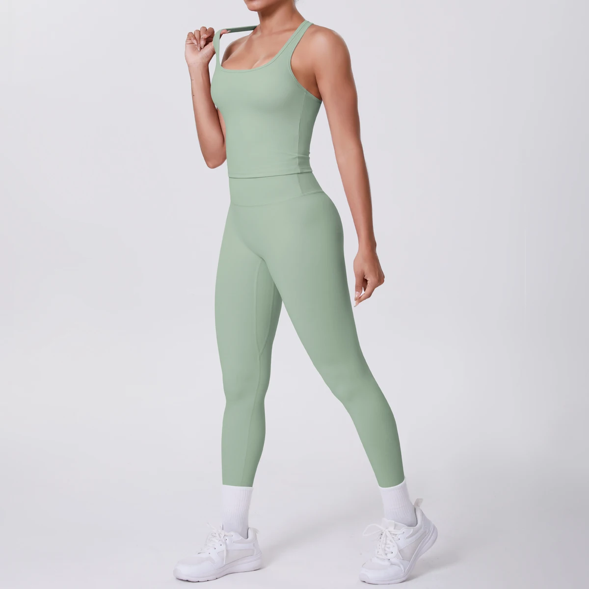 Hamidou 2-teiliges Damen-Yoga-Set, schnell trocknende, hüftformende Fitnesshose, Yoga-Leggings, einfarbig, Gym, schöner Rücken, I-förmige Weste – Detail 25