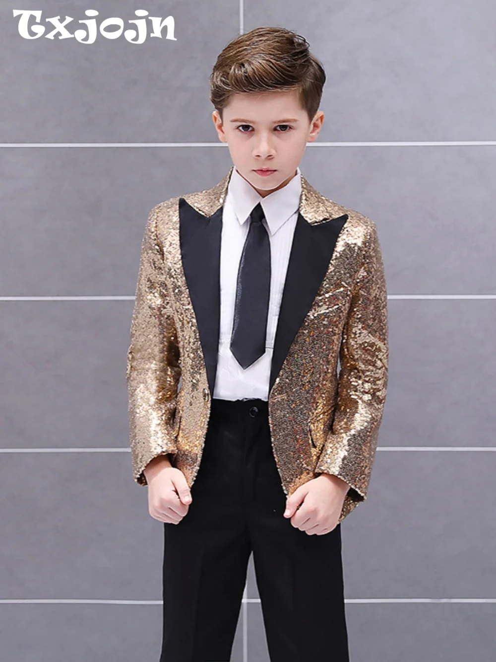 

Костюм для мальчиков Txjojn с пайетками, комплект из 3 предметов, для выступлений, 120-160 см, элегантный детский костюм приталенного кроя, наряд для мальчика-цветоносца на свадьбу