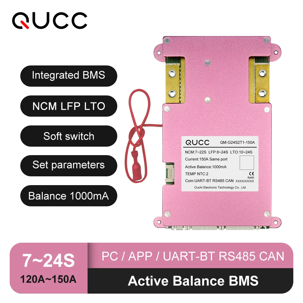 

QUCC 7S 8S 16S 24S 120A 150A Active Balanced BMS 36V 48V 51.2V 64V UART RS485 CAN Smart BMS Battery Management System