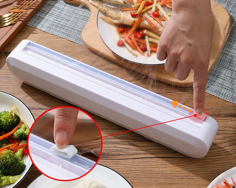 Household Disposable Kitchen Tools Creative Cling Film Storage Holder Magnetic Plastic Sharp Wrap Dispenser With Cutter