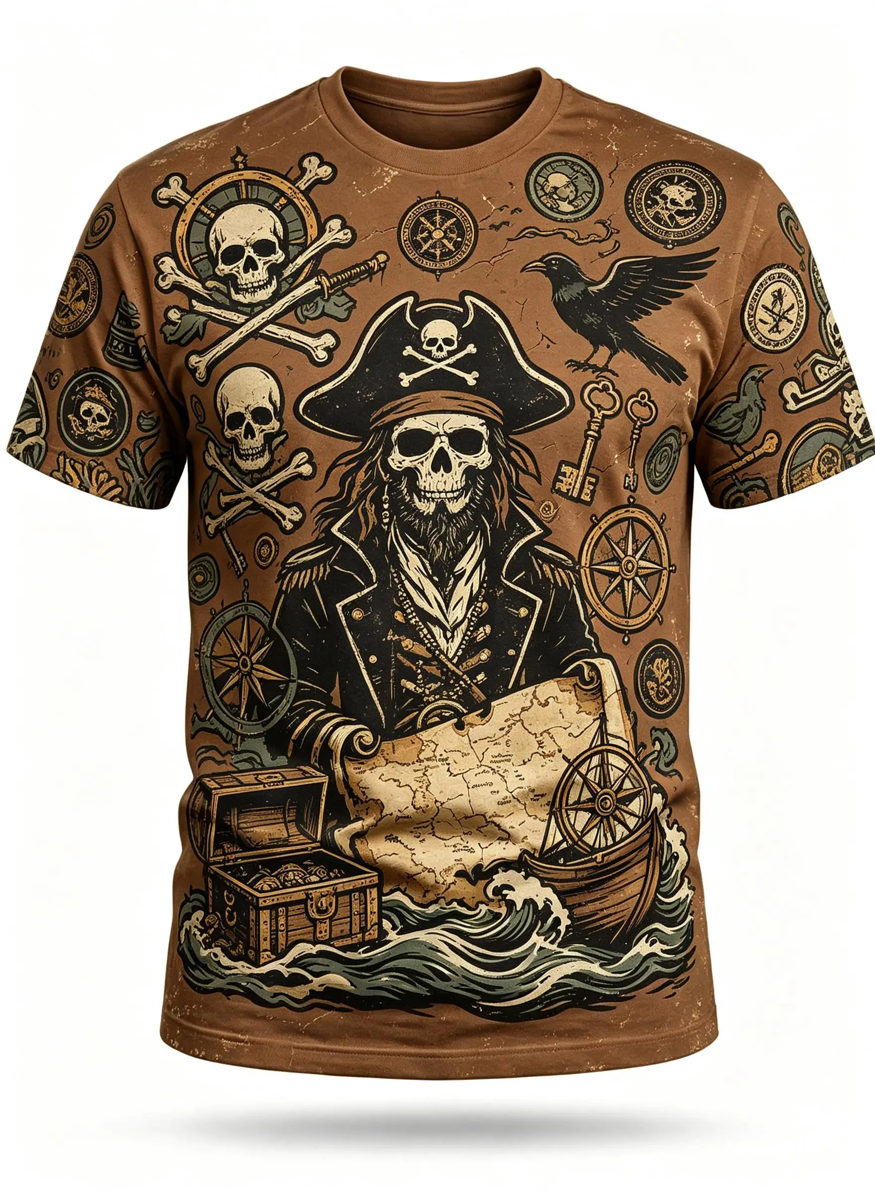 Mens Vintage Pirate Short Sleeve T Shirt Burgundy Skull Treasure Map Compass Wave Allover Print Casual Top