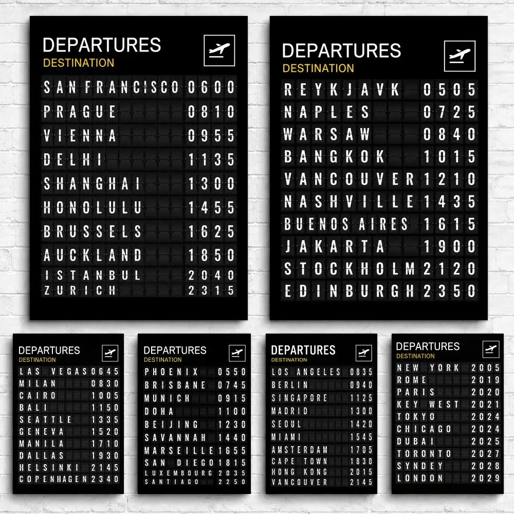 Airport Flight Board Framed Wall Painting Canvas Poster Ready to Hang Wall Art for Bedroom Living Room Home Decor Gift