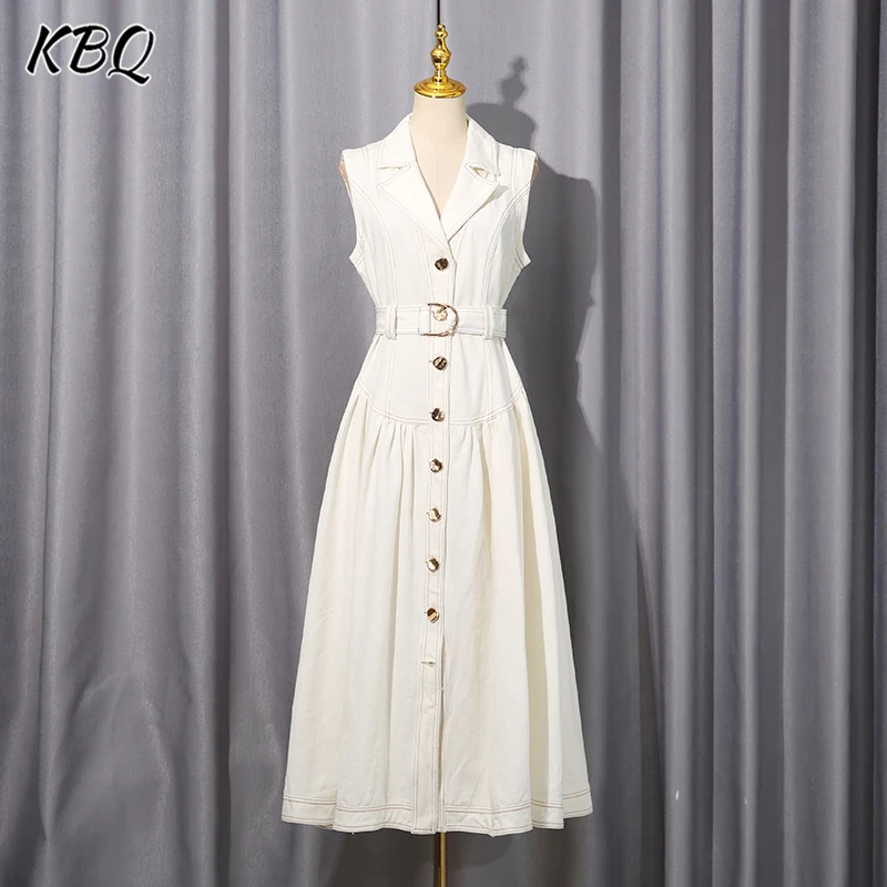 

KBQ Solid Spliced Button Tunic A Line Dress for Women Lapel Sleeveless High Waist Patchwork Belts Basics Fashion Dresses Female