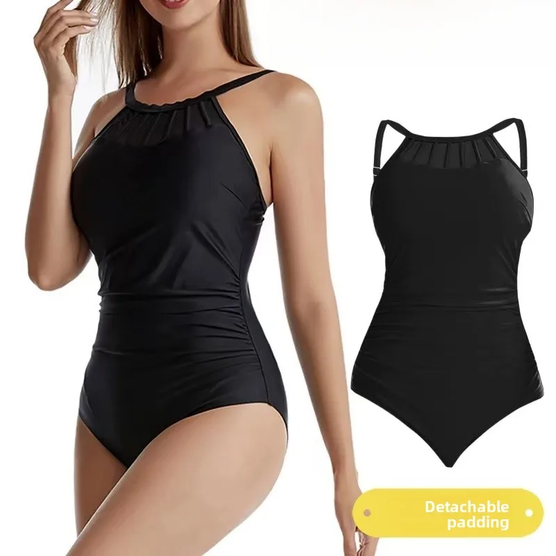 

Amber Ladies High-End Sexy Mesh One-Piece Swimsuit Large Size Pleated Belly Cover Hot Spring Vacation with Chest Pad