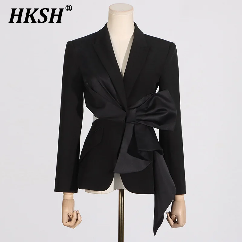 HKSH 2024 Spring Autumn New Women's Tide Dark Punk Blazer Fashion Sexy V-neck Spliced Niche Design Hollow Out Waist Coats H2977