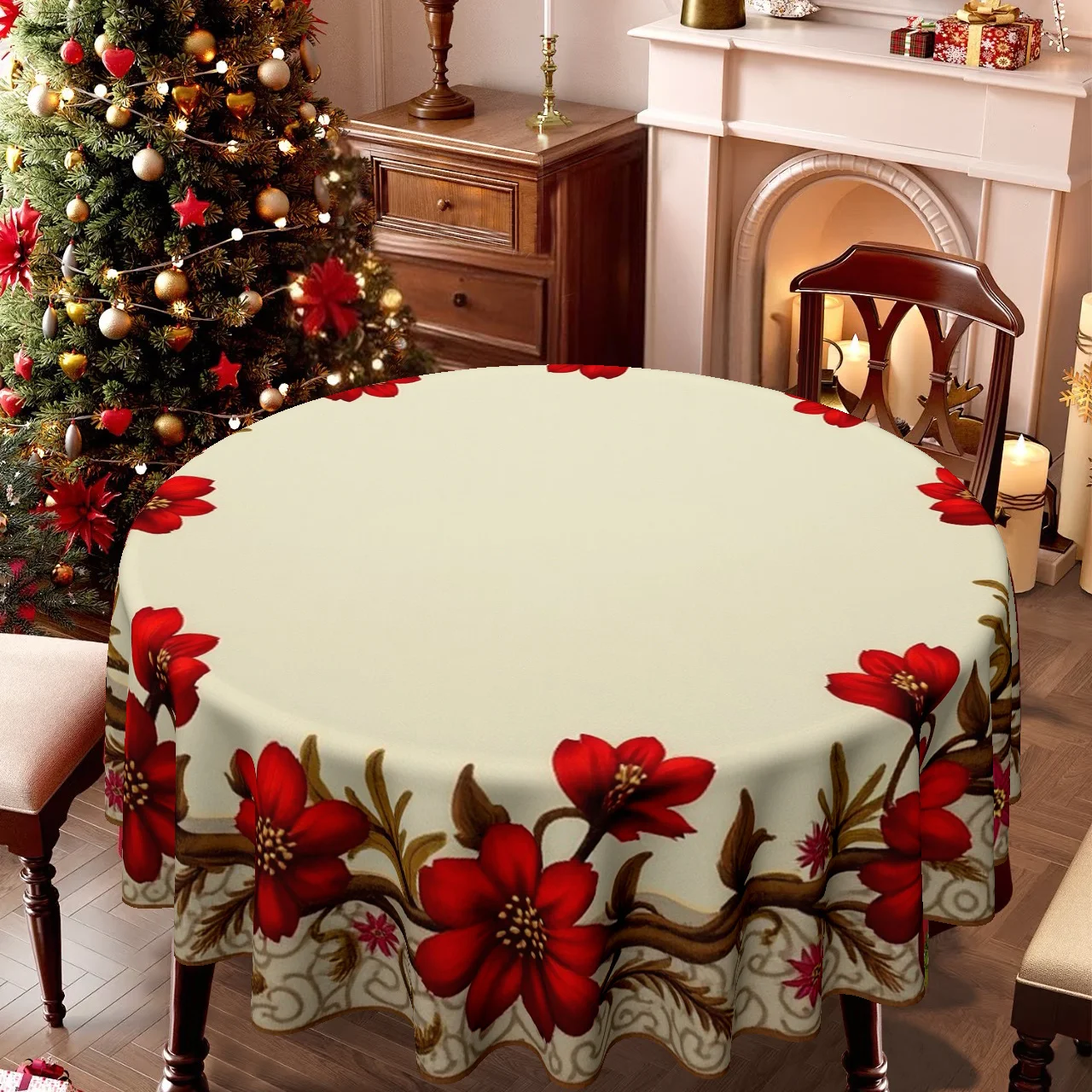 Christmas is designed for round tablecloths with a festive floral theme, perfect for family kitchens and dining rooms