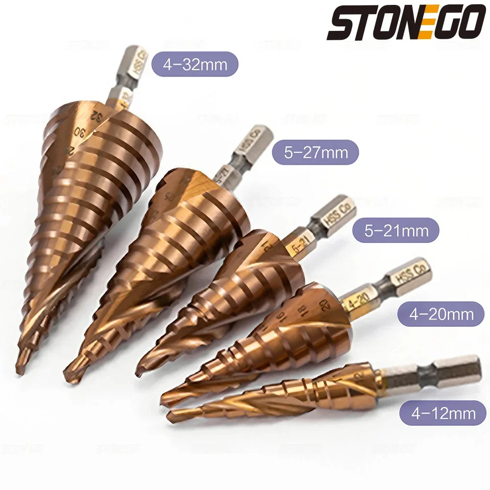 

STONEGO HSS M35 Cobalt Step Drill Bit HSS CO High Speed Steel Cone Hex Shank 4-12mm/4-20mm/5-21mm/5-27mm/4-32mm