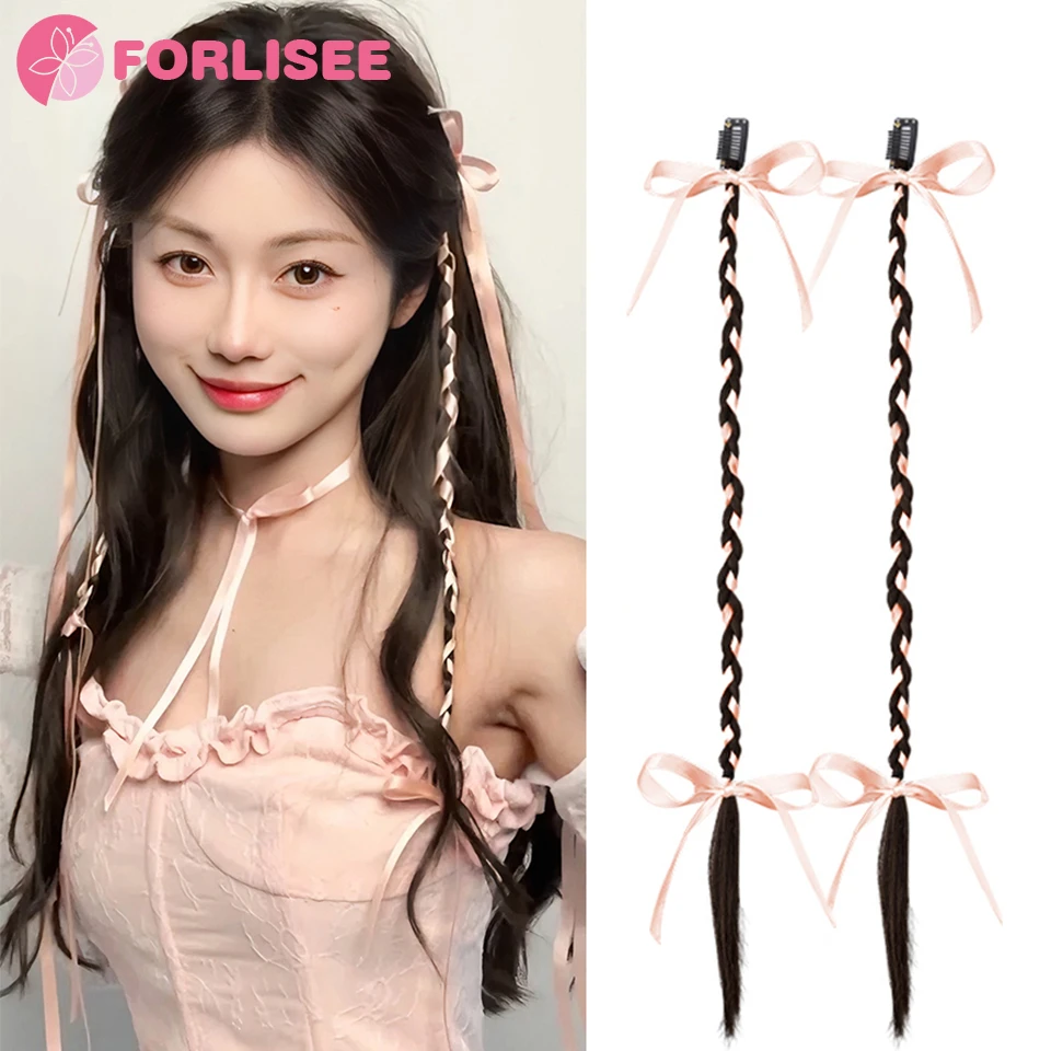 

FORLISEE Synthetic Wig Braid Female Ponytail Ribbon Tied Hair Sweet Cool Ballet Style Boxing Twist Braid Bow Double Ponytail