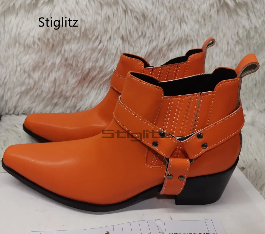 

Ботильоны с круглым ремешком и пряжкой, желтые, красные, оранжевые мужские ботинки без шнуровки, ботинки из натуральной кожи на высоком каблуке с острым носком, обувь для вечеринок