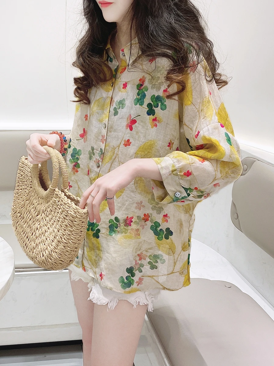 

Loose Linen Long Sve irt Women's Casual Floral Print Spring Summer Casual irt Button up Korean Sle Straight Cut