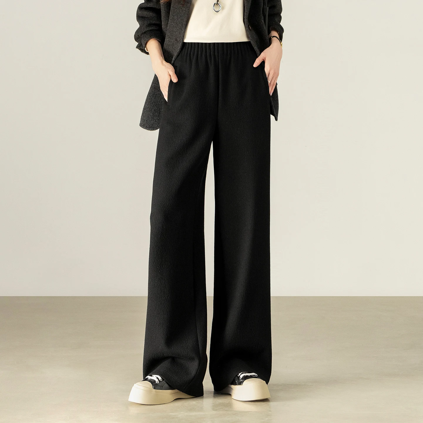 SENTUBILA Women's Wide Leg Pants 2026 Spring Wool Silk Blend Elastic Waist Straight Trousers Office Lady Loose Pant 154K80518