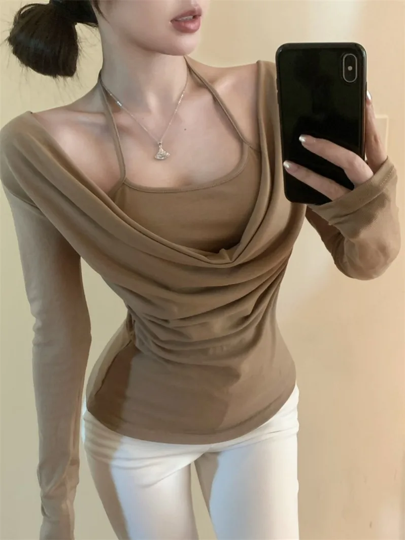 Camiseta Longa Pure Desire para Mulheres, Design Slim Fit, Estilo Coreano, Roupa de Outono para Uso Diário