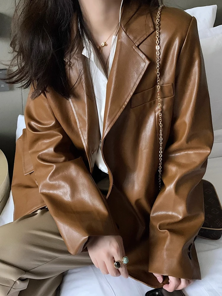 Brown Soft Leather Jacket Women\'s Suit Coats Autumn Winter New Popular Suit Outerwear Mid-length Retro Motorcycle Jackets