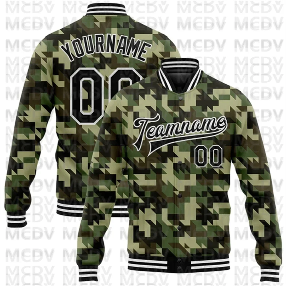 

Custom Camo Black-White Geometric Camouflage 3D Bomber Full-Snap Varsity Letterman Salute To Service Jacket