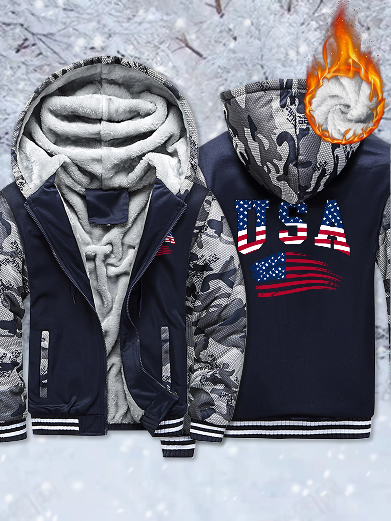 Usa America Flag Printed Men Streetwear Oversized Pocket Thicken Coats Winter Zipper Hoodies All-Match Fleece Unisex Jacket