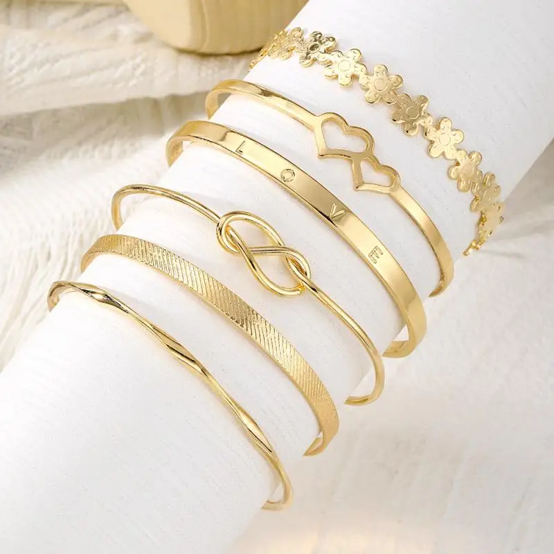 حار بيع سوار مطلي بالذهب والفضة الرجعية مفتوحة الطبقات للنساء، مزيج عصري وتطابق سوار بسيط