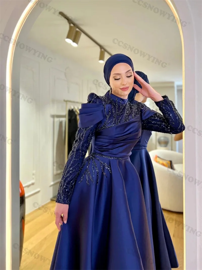 Vestidos De Noche musulmanes Hijab con cuentas y apliques, vestido De fiesta Formal islámico De manga larga De satén, batas De fiesta árabes De Dubái para mujer