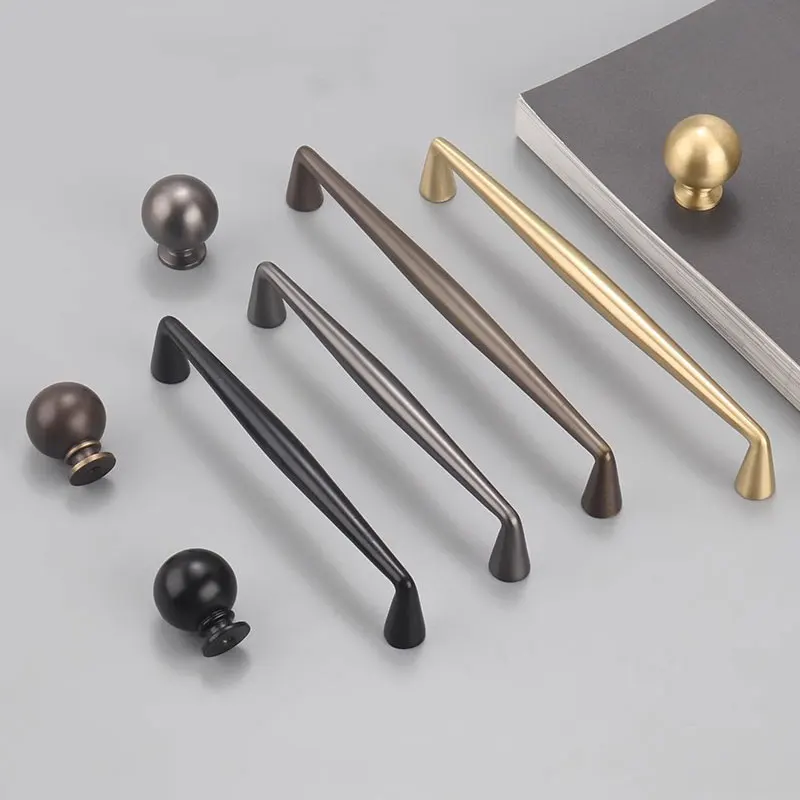 Solid Brass Brushed Gold Cabinet Handles Black Kitchen Cupboard Wardrobe Pulls Drawer Knobs Copper Modern Furniture Hardware